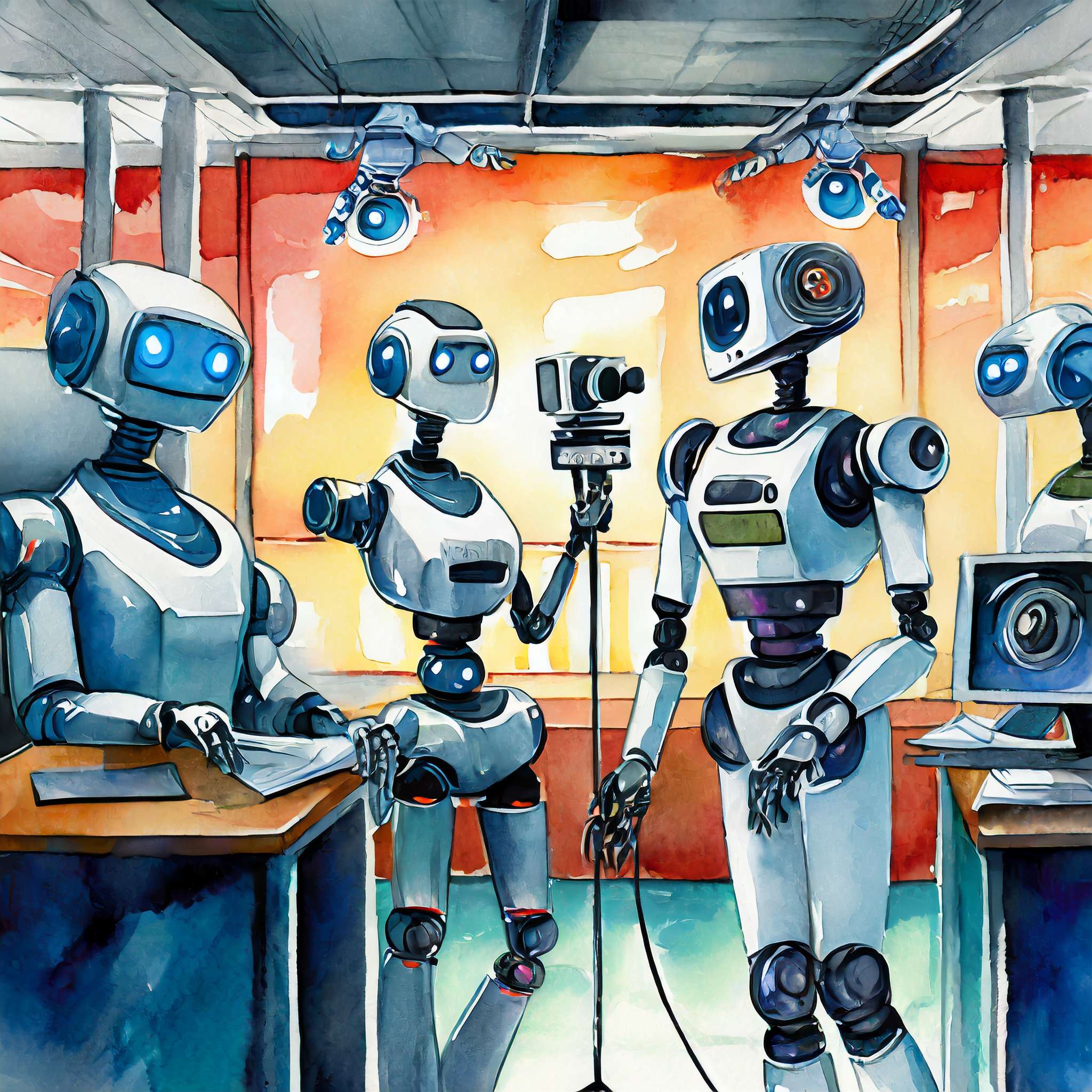 Robots in newsroom, TV-camera and human-like robots – painted with watercolor