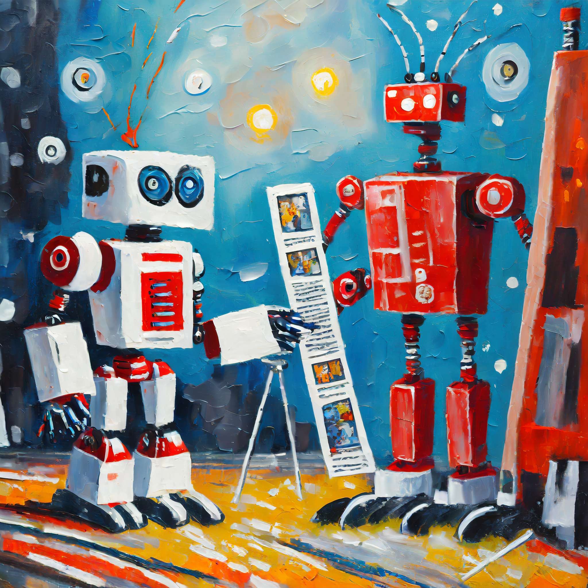 Robot holding presentation for group of robots in newsroom - painted as oil painting