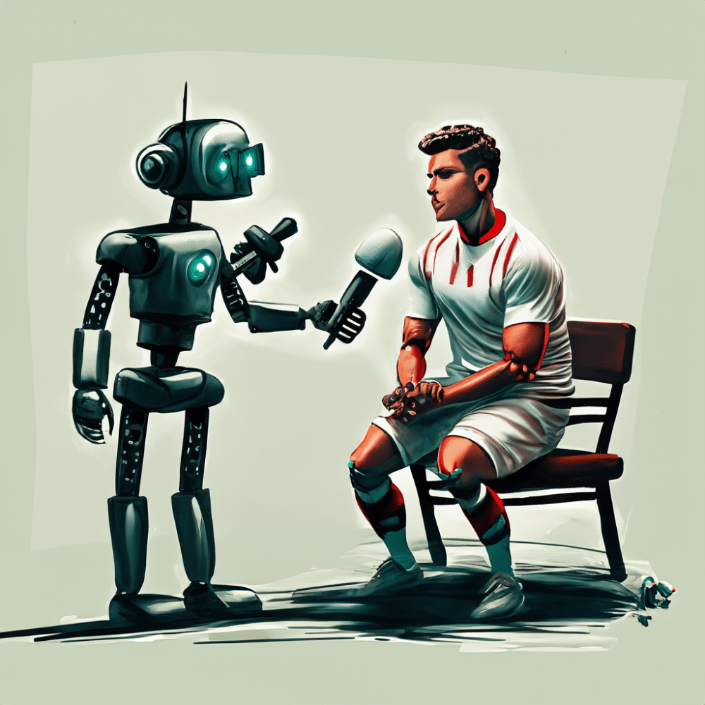 Painting of a robot sports journalist interviewing soccer player