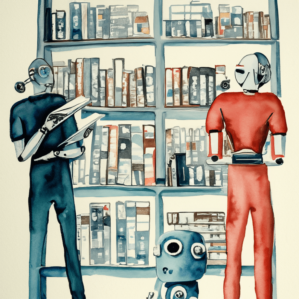 Water colored painting of humans and robots organising files in archive