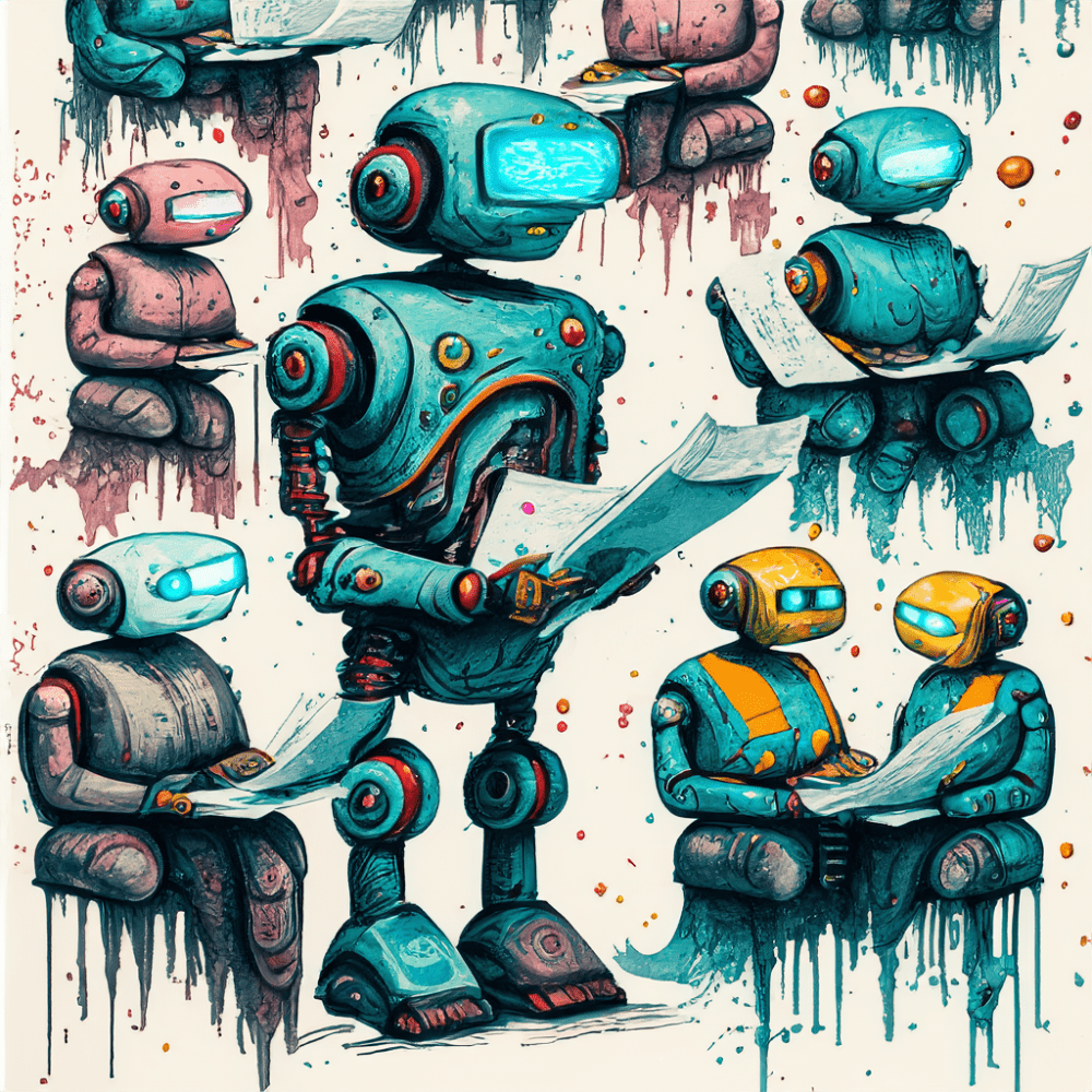 Water colored a lot of robots working writing articles