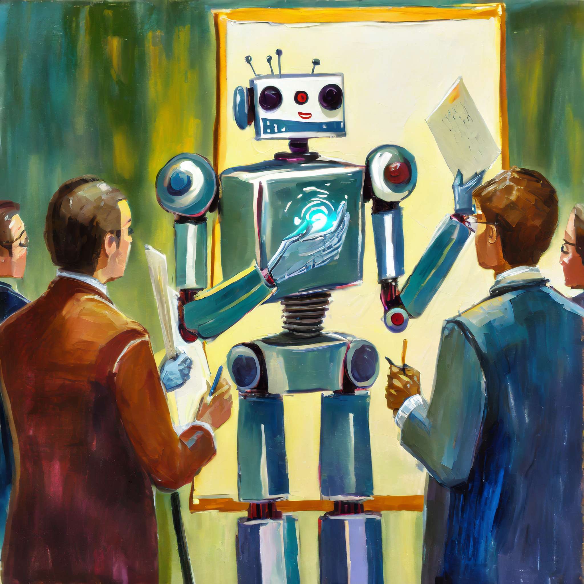 Robot holding presentation for a group of reporters - painted as oil painting