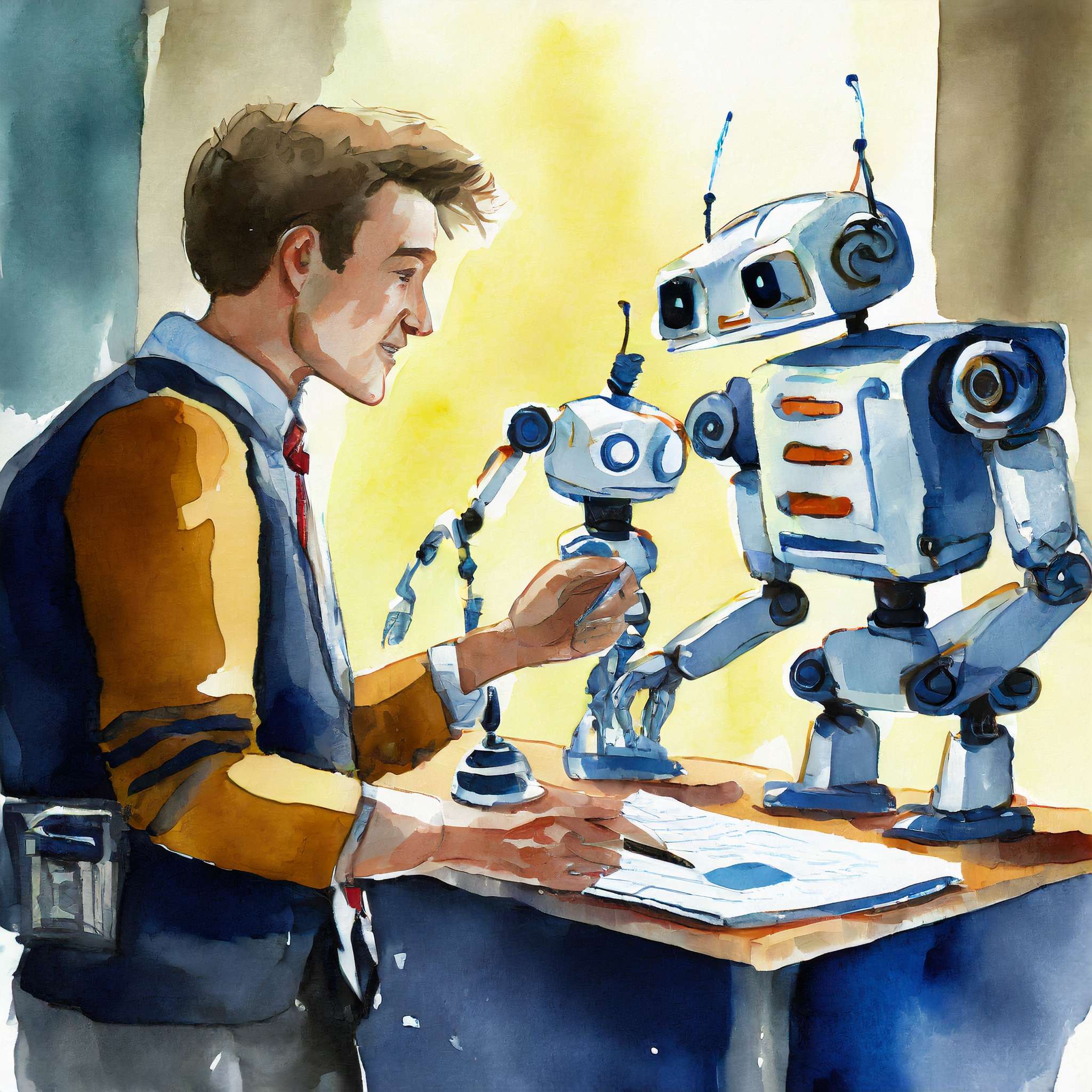 Journalist and robot working in newsroom - painted with watercolor