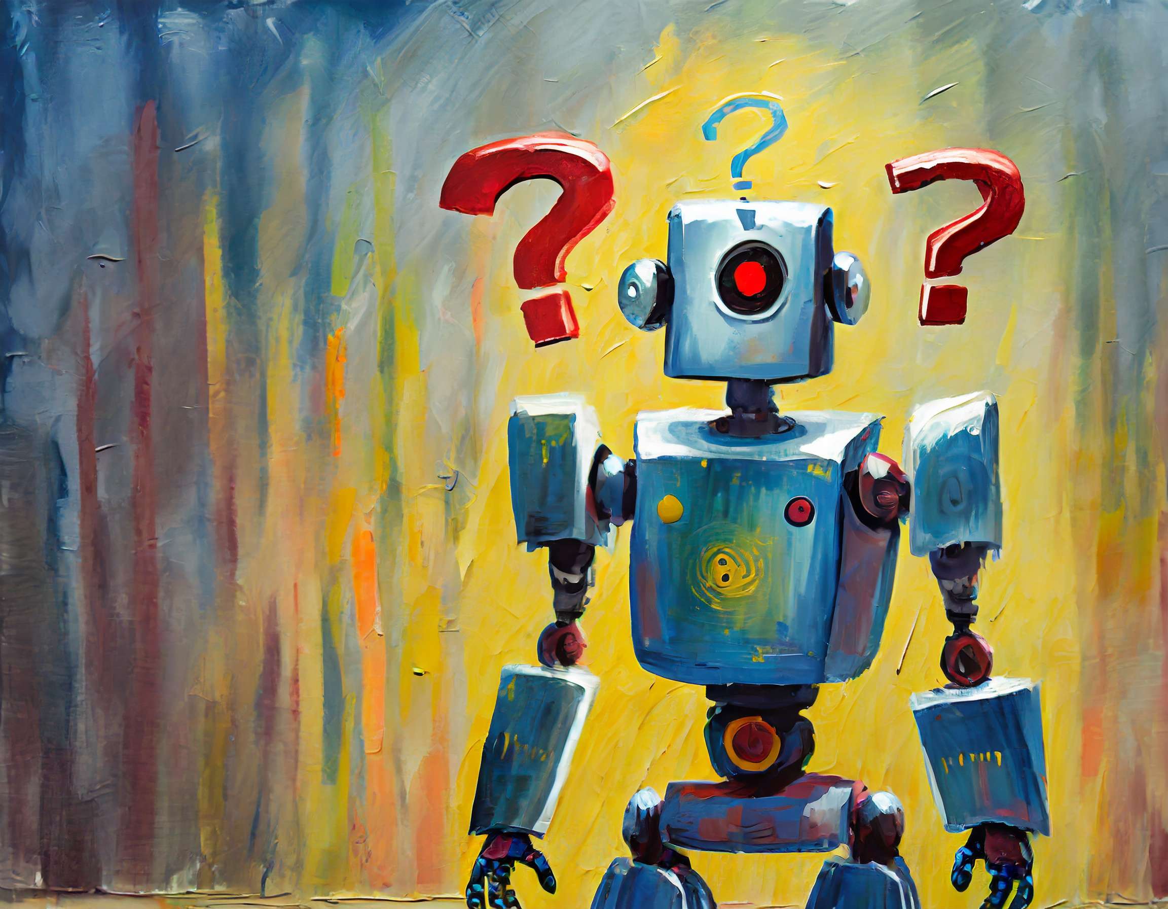 Robot asking question - painted as oil painting